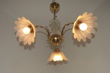 Ancien lustre français 3 lumières métal doré colonne verre et abat-jour fleurs 5447