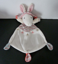 35. Doudou plat SAUTHON Baby Déco LAMA Blanc rose bleu bonnet rayé TTBE