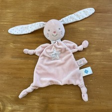 Doudou Plat TEX BABY Lapin Rose Etoile Argenté Blanc Gris Attache Tétine