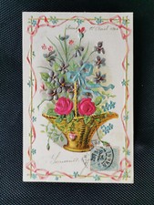 CPA Panier remplis de rose - violette - carte gauffré