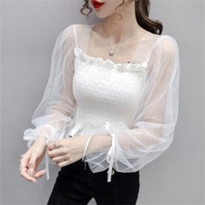 Femme Maille Joint Chemise Lanterne Manche Ruche Pull Haut Chemisier Lolita Doux