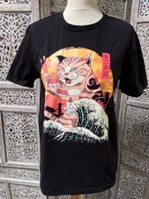 T-Shirt S coton noir flocage chat Japonais vague Hokusai manga GRAFITEE unisexe