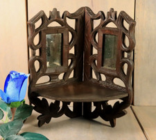 Antique French Corner Shelf Bracket Black Forest Hand Carved Wood Mirror 19thC