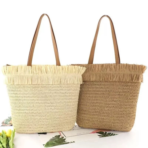 Sac cabas paille beige - paille, foncé