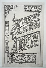 Pilastre Balcon Rampes Grille HUQUIER Eau Forte ORNEMENTATION Gravure XVIII°