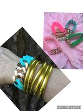 Bracelet Manchette GUM Large Caoutchouc Bleu Turquoise Acier Inoxydable Or