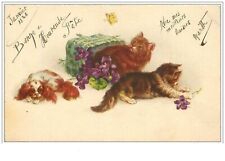 CHATS.n°1185.CHATS ET CHIEN ET CORBEILLE DE FLEURS RENVERSES