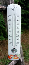 Ancien thermomètre émaillé classique émail blanc fruits  25 cm made in France