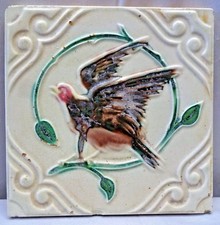 Carreau Antique Majolique Japon Oiseau Moineau En Vol Art Nouveau Décoratif