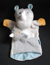 Peluche doudou marionnette hippopotame + bébé HABA gris poche rayé NEUF