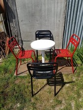 Lot 4 Chaises TOLIX T2 Métal Rouge & Noir + Table Bistrot Blanche Vintage #C860