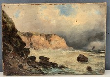 Tableau Ancien Huile Toile Paysage Marine Mer Agitée Plage Rocher XIXe Siècle