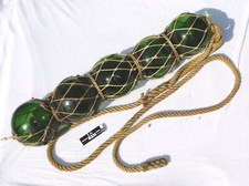 BEL ANCIEN VRAI FLOTTEUR DE PECHE - 5 BOULES EN VERRE - 2 METRES CORDAGE