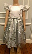 * ROBE PRINCESSE SATIN BLANC ETOILES ET LUNES ARGENT 5 ANS FAIT MAIN NEUVE *