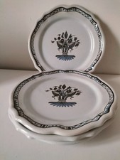 4 assiettes faïence décor vieux Rouen, panier fleuri bleu fait main