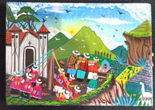 Tableau naïf équatorien / huile sur peau / signé / 18x13cm