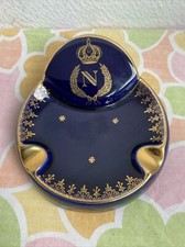 Ancien Cendrier Napoleon Porcelaine D’art Monte Carlo Bleu Doré 