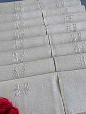 18 serviettes de table anciennes Lin granité damassé -BP- brodé main Réf-2140