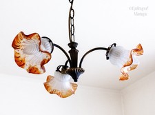 Traditional French Light Fixture Brass Chandelier with Amber Edged Glass Shades