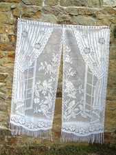 French pair white pastel curtains lace motif window bird flower 24'' x 62'' each
