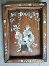 XIXe ancien Tableau bois nacre dignitaire Chinois personnages fleurs 25 x 18,5cm