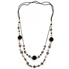 Collier sautoir fêtes soirée perles argentées coeur tricot blanc ou noir