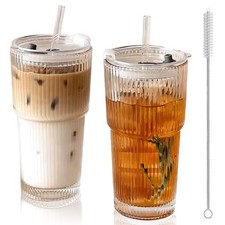 2 Pièces Verre avec paille, 600ml Verres à Café Glacé, Tasse a Cafe, Verre av...