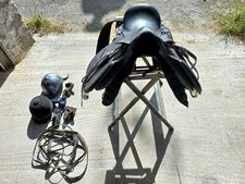 selle poney 16" cuir/havane club noir + accessoires bon état