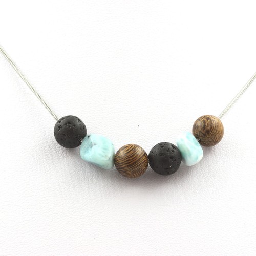 Collier perles bois lave - collier, +