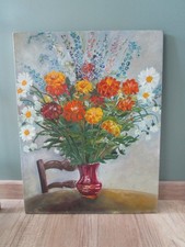 Huile sur Toile grand bouquet de fleurs vase table chaise