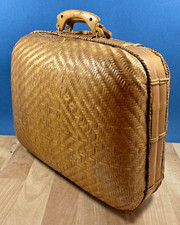 Valise, mallette en osier tresse, paille de riz, rotin Vintage poignées bois
