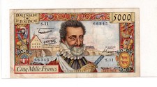 FRANCE Billet 5000 FRANCS 06/06/1957 HENRI IV FAY°49 66345 S.11 TTB