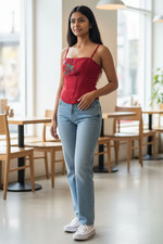 Beau bustier rouge brodé en soie Karen Millen T 10 ou 36/38