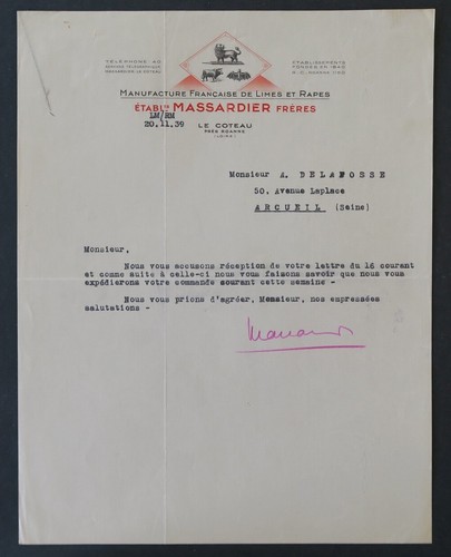 Facture paris 1939 coteau - 1939,