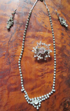 Ancienne parure de bijoux STRASS - Collier rivière, Broche et Dormeuses