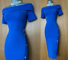 Karen Millen UK 8 Robe Midi Bardot Bleue Tricotée À Épaules Dégagées EU36