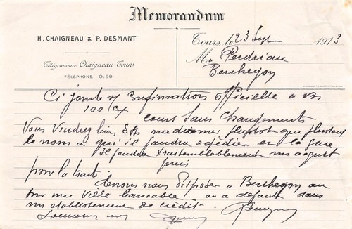 Facture 1913 chaigneau et p - , h