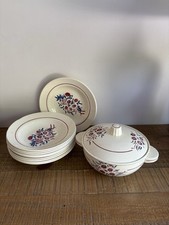 Lot 10 Assiettes Creuses & Soupière Badonviller Francine Oeillets Bleus Rouges