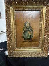 Tableau Peinture Caricature Vielle Dame À La Canne 19 Eme 