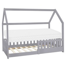 Lit d'enfant + matelas et protection antichutes lit aspect maison gris 80x160 cm