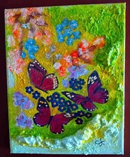 Tableau sur toile : Trois Papillons - Création unique - Peintures mixtes reliefs