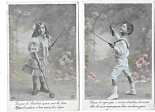 2 CPA carte postale ancienne enfants d'antan  jouant au diabolo 1908