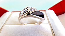 Bague HOMME argent 925, onyx noir, zircones ( CZ ) T. 64 tres bon OCCASION