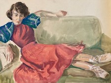 Belle Peinture Gouache Femme  Papier 1950 Portrait Canapé Dessin Art Ancien Deco