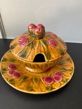 Confiturier/Sucrier ancien Sarreguemines en barbotine "Cerises"