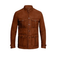Veste militaire homme cuir suédé de chèvre marron boutonnée vintage jacket