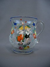 Ancien Pichet à Bière, Cidre, Verre Craquelé & Décor Emaillé de Petits Tyroliens