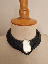 VINTAGE 80S COLLIER TORQUE CUIR NOIR AVEC MIROIR ORIGINAL 