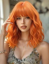 Perruque Synthétique Courte Rousse Orange Wig A Frange Cheveux Ondulé +4 Bonnets