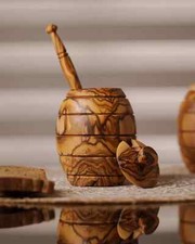 Pot à miel en bois d’olivier fait main + louche | Artisanat tunisien | Naturel